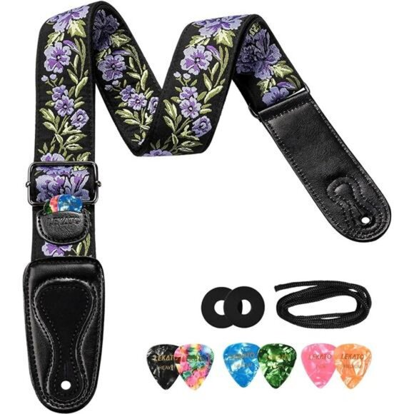 Flower Guitar Strap Adjustable Woven Cotton with Picks for Electric Acoustic - Picture 1 of 7